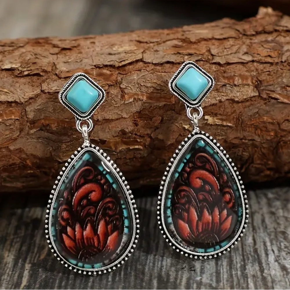 Elegant Turquoise and Red Teardrop Earrings